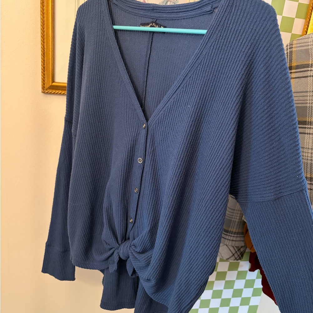 Abercrombie & Fitch Navy Ribbed Button-Front Knit Cardigan with Front Tie